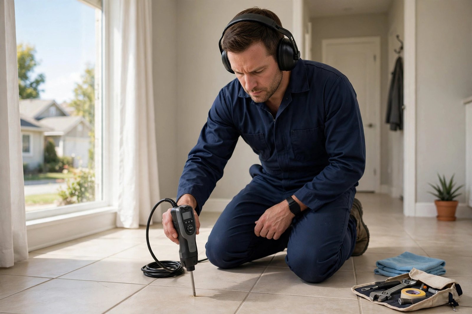 Nova technician using an acoustic sensor on a tile floor to detect a hidden slab leak