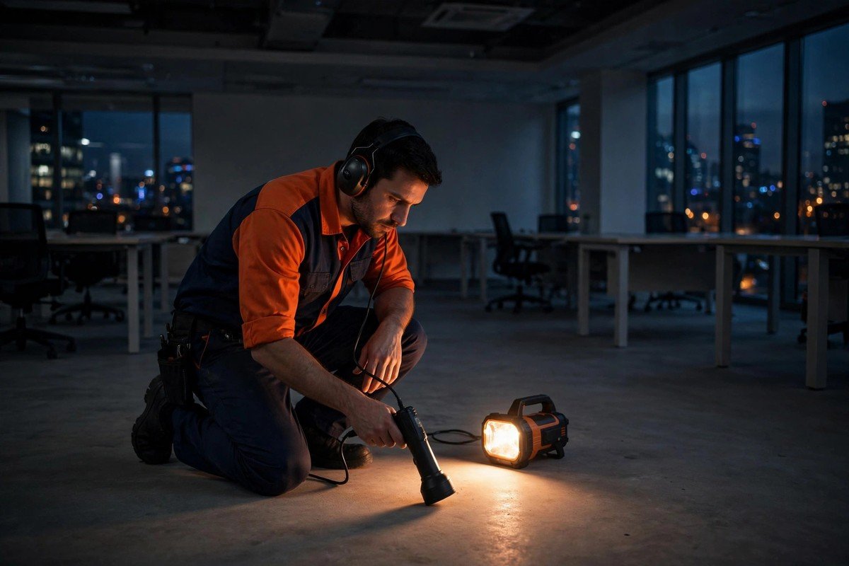 Our technician performing after-hours slab leak detection in an empty office