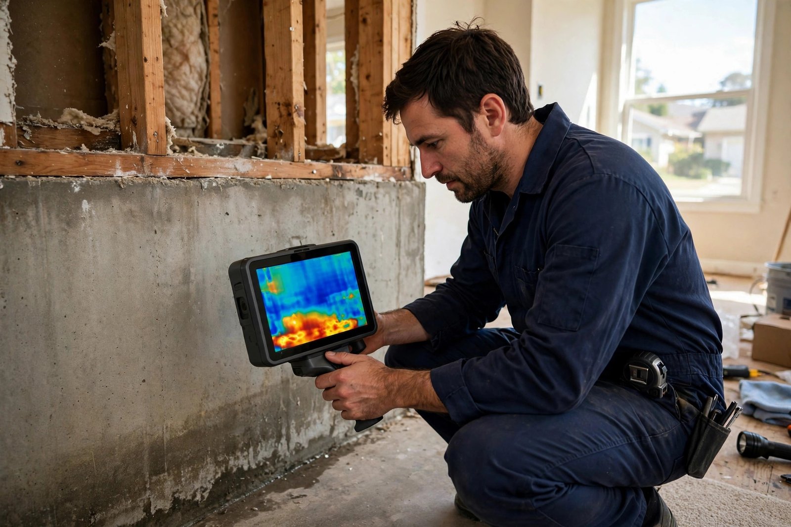 Our technician scanning a foundation wall with an infrared camera for hidden moisture