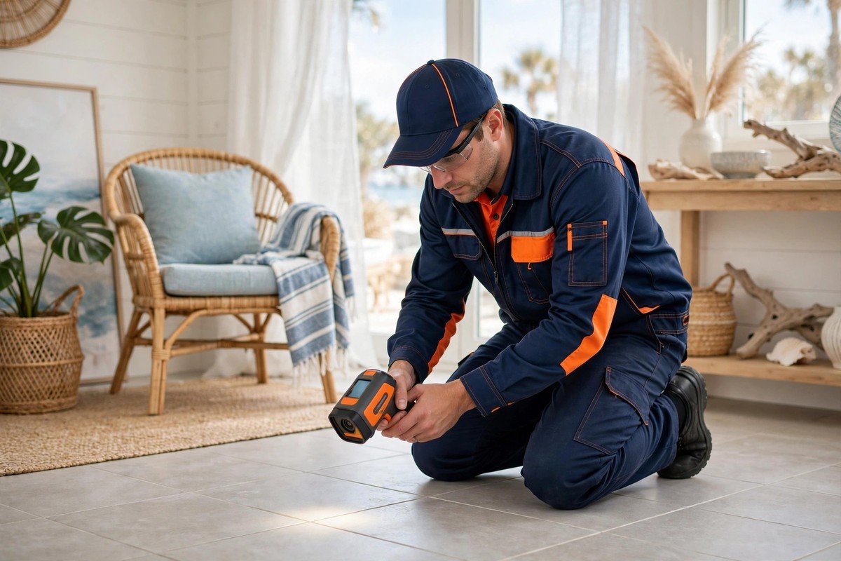 Our technician checking a vacation home floor for slab leak signs between guest stays