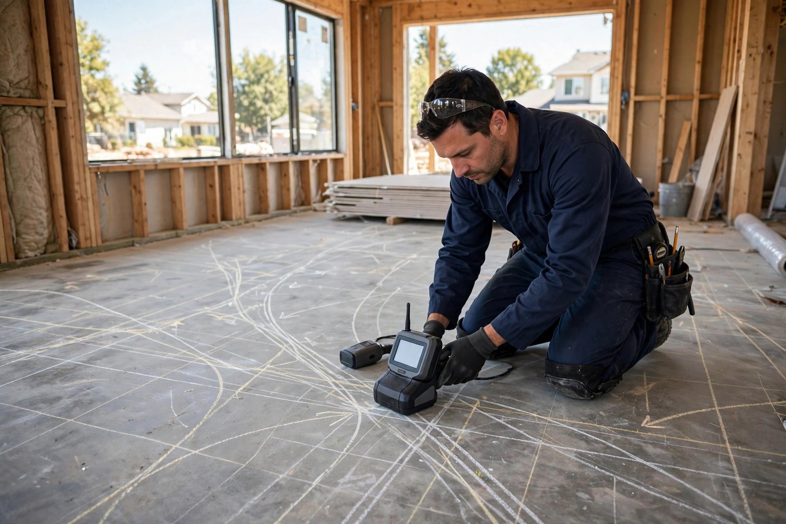 Technician mapping cable paths on a post tension slab with locating equipment