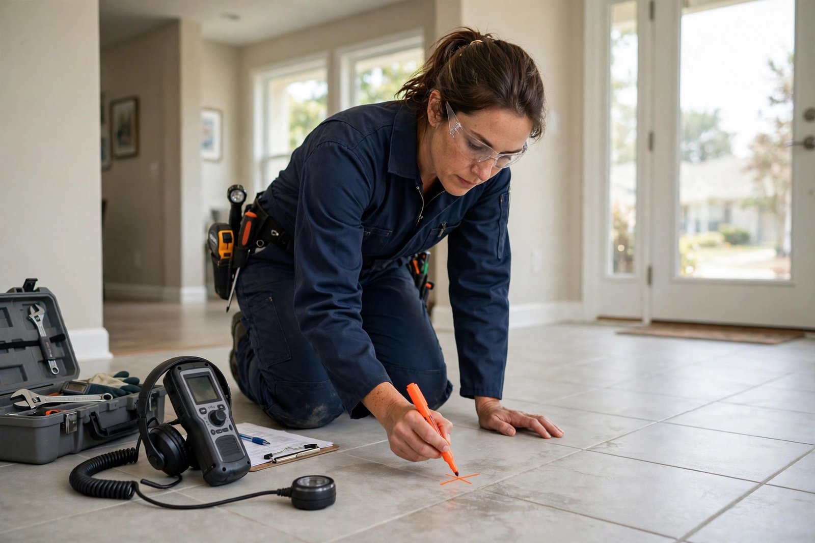 Technician marking the leak location on the floor after detection