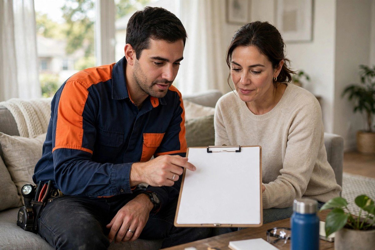 Nova technician reviewing leak detection findings and repair options with homeowner