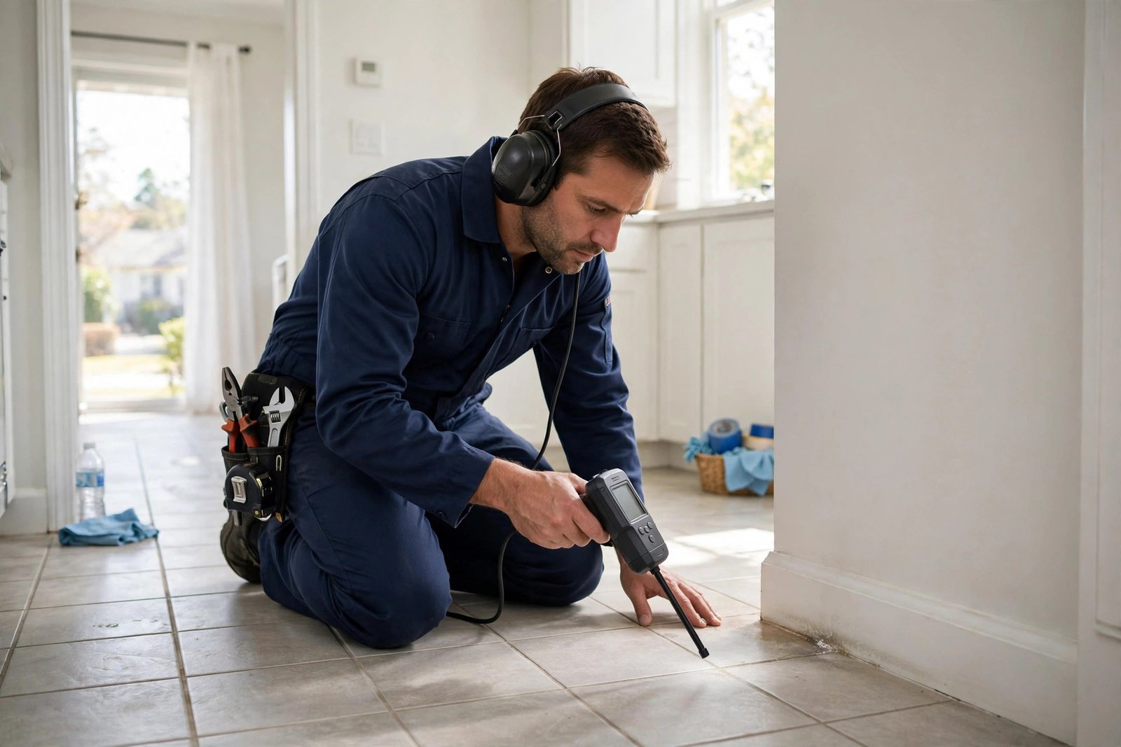 Our technician pinpointing a slab leak with pro gear after a DIY meter test