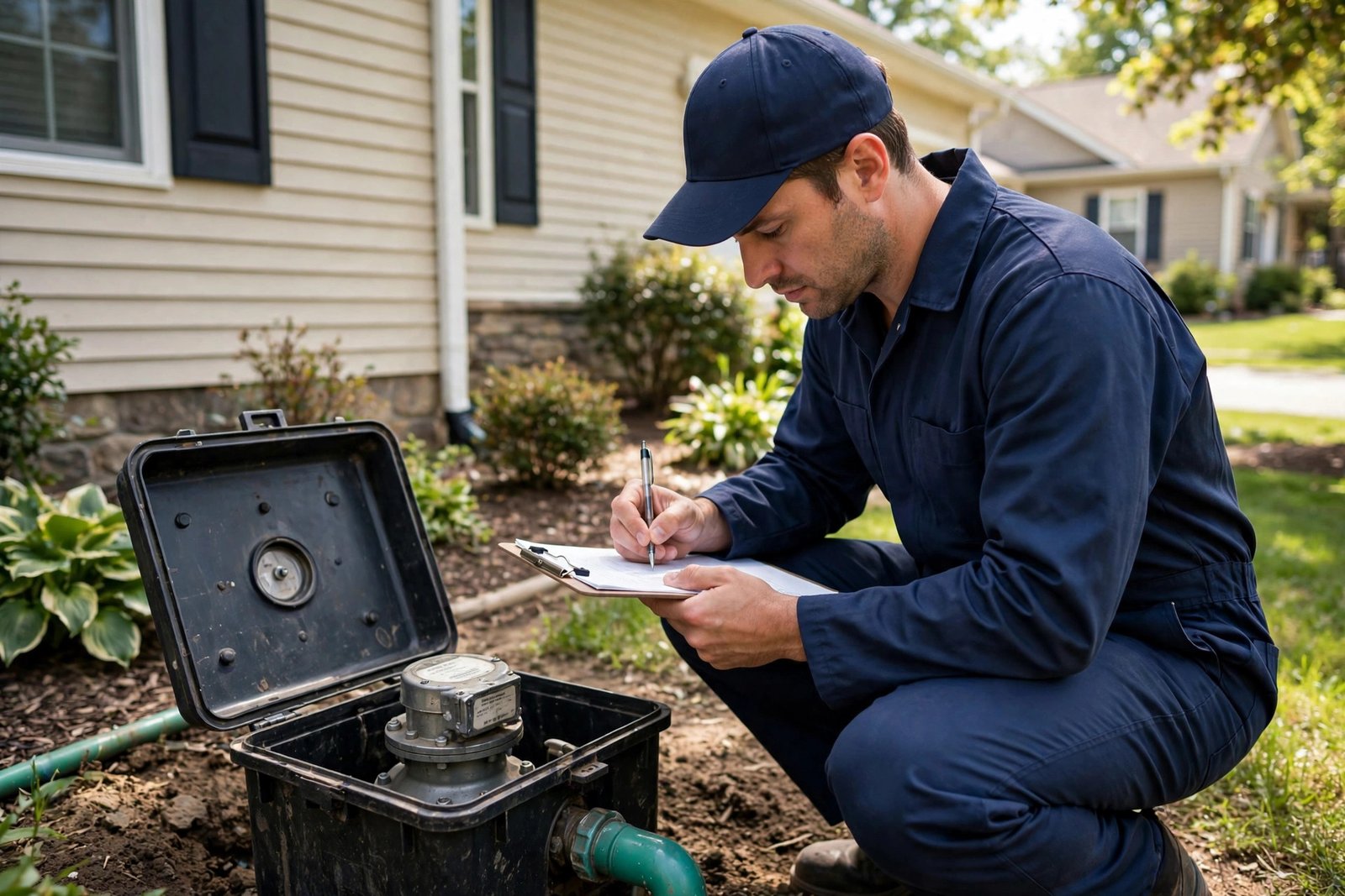 Nova technician reading a water meter to document water usage for a water bill adjustment for leak claim