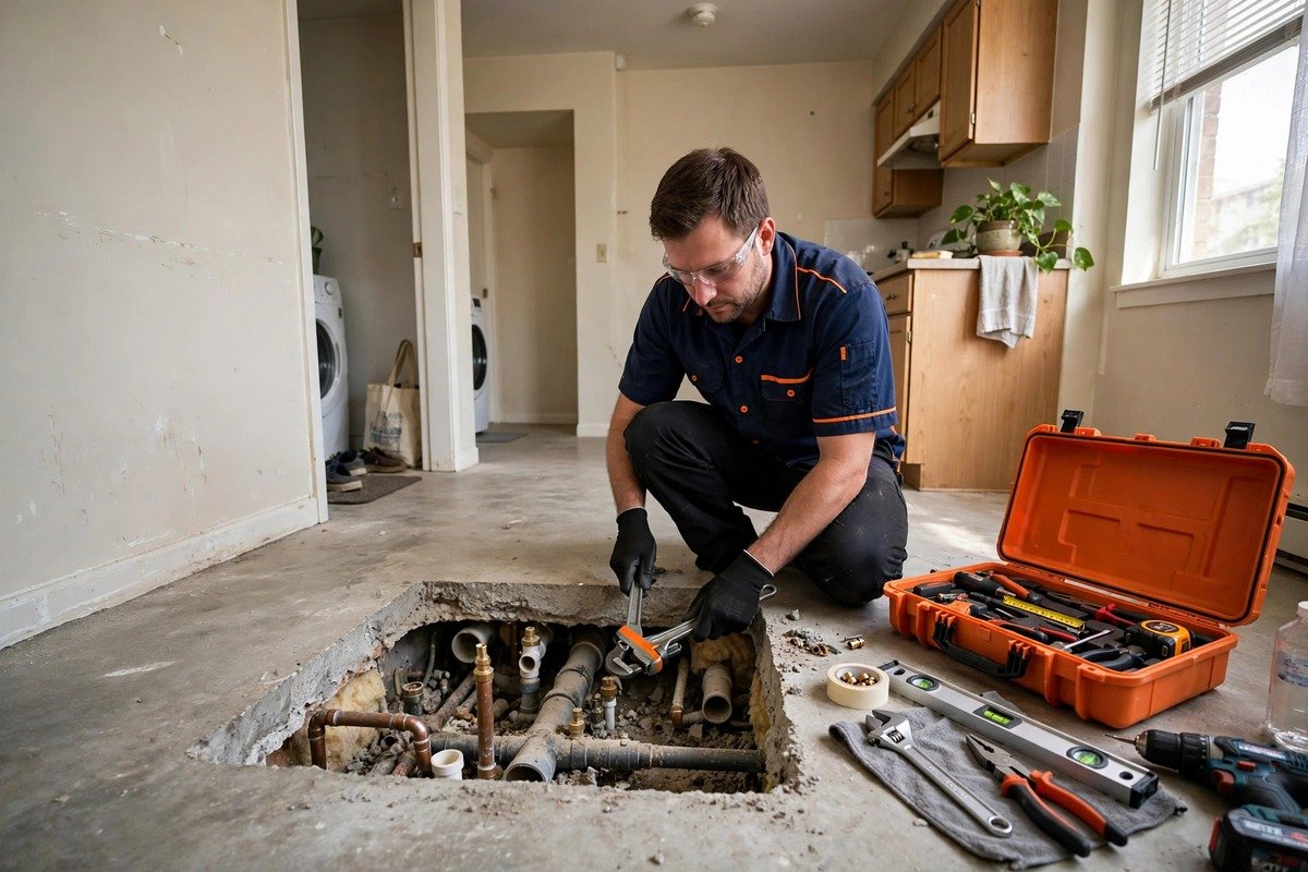 Our technician repairing a slab leak in an occupied rental home
