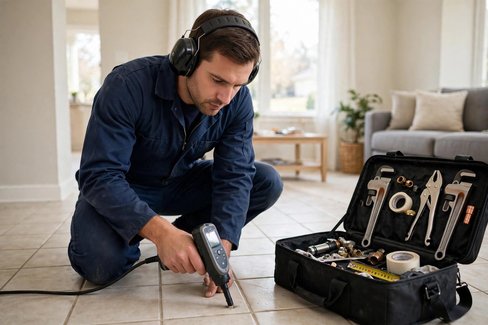 Nova technician using acoustic listening equipment to pinpoint a leak, showing slab leak detection accuracy