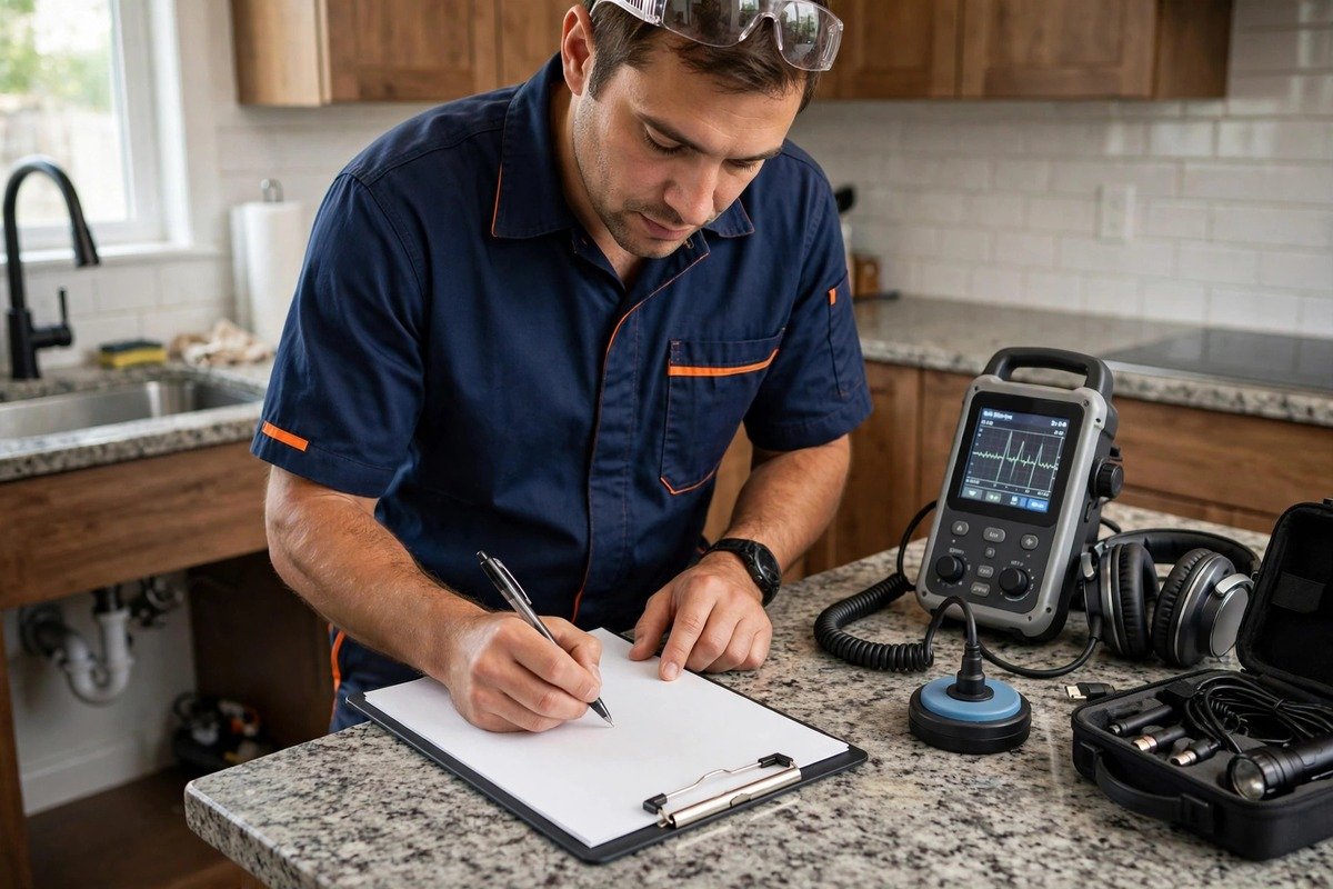 Our technician writing the detection report that supports a slab leak insurance claim