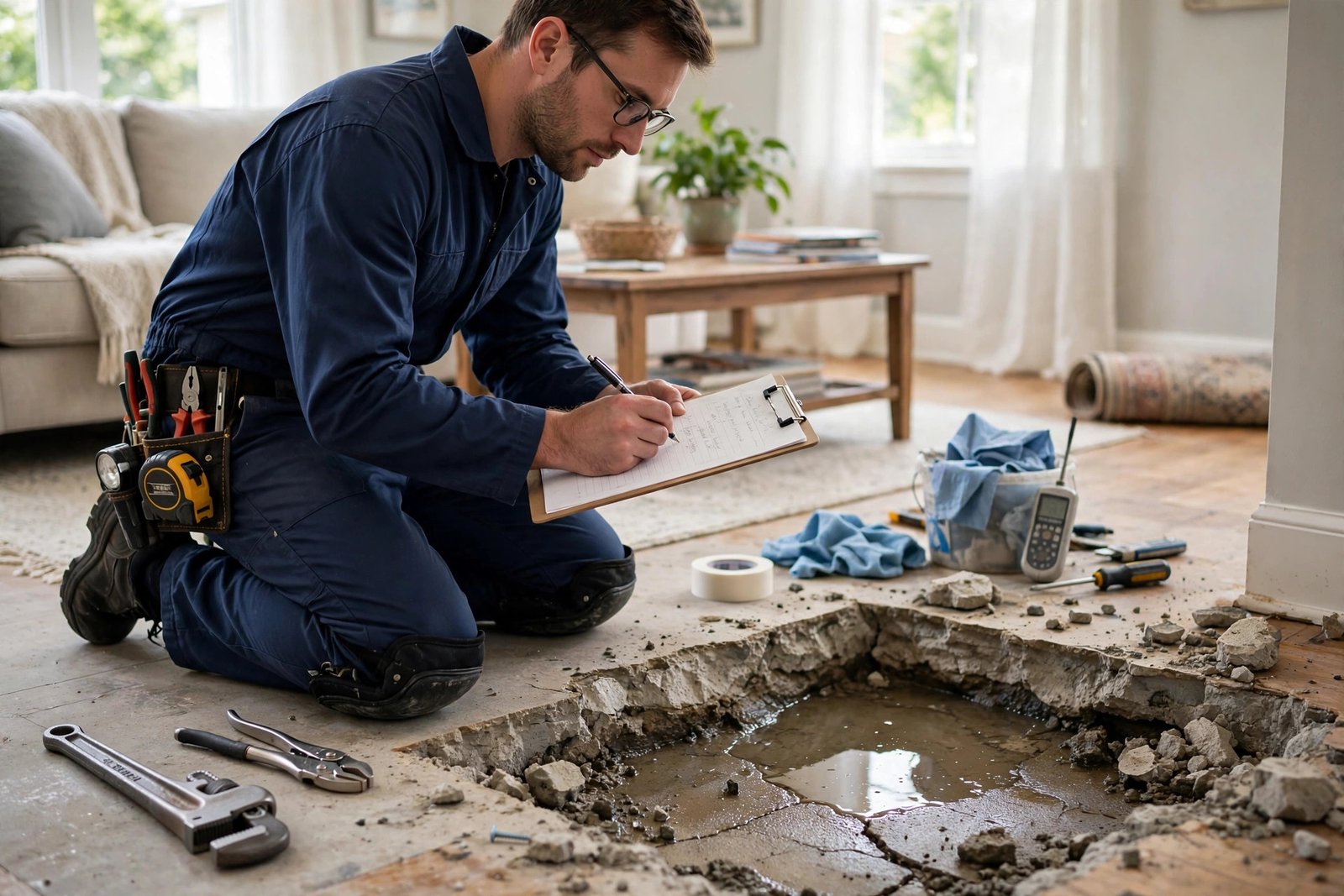 Nova technician writing a slab leak detection report to support an insurance claim