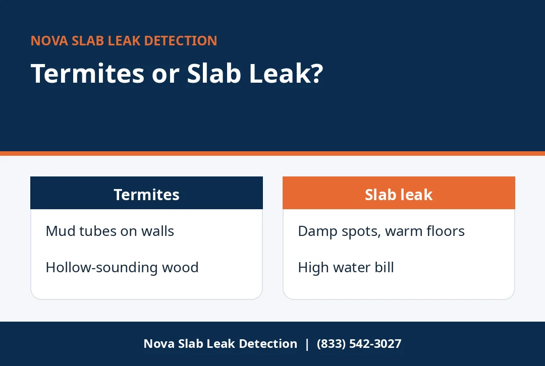 Chart comparing termite damage signs with slab leak signs