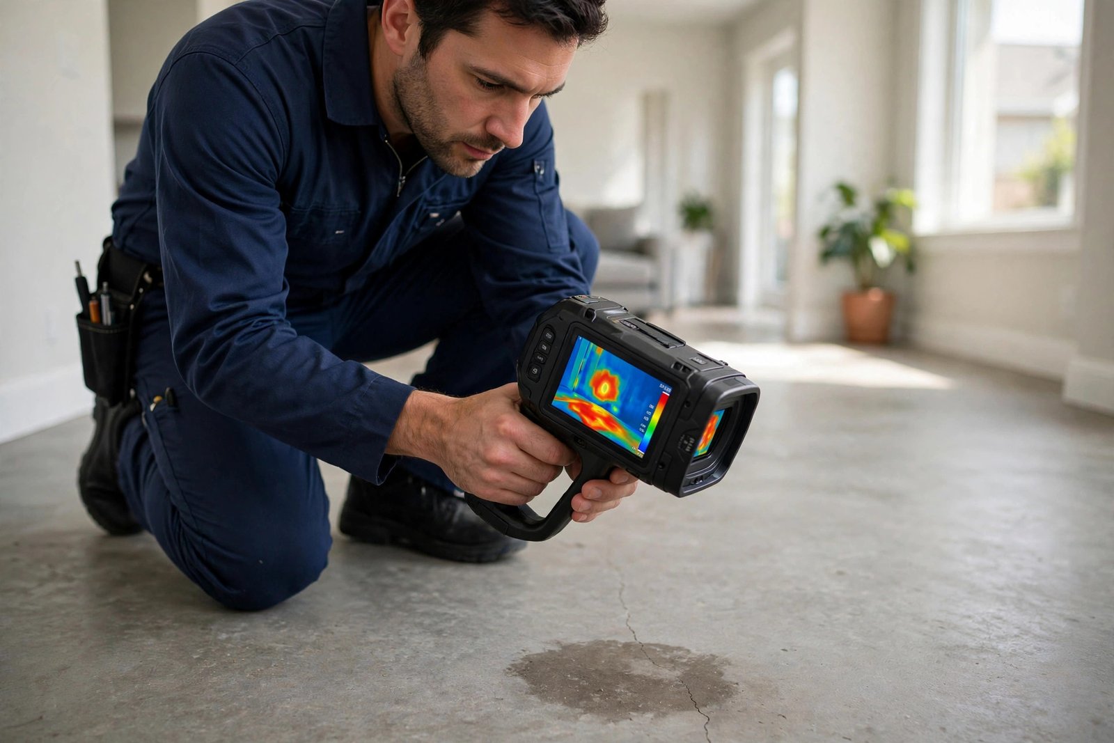 Thermal camera scan revealing a warm spot from a hot water slab leak