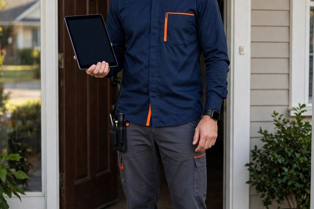 Uniformed Nova technician in a home following Nova service standards