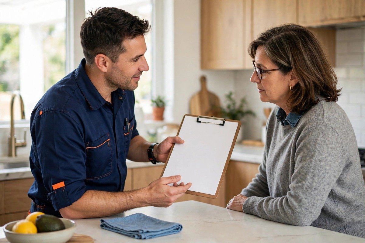 Technician showing upfront repair pricing to a homeowner per Nova standards