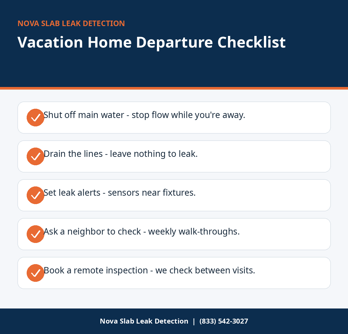 Pre-departure checklist to prevent slab leak damage in a vacation home