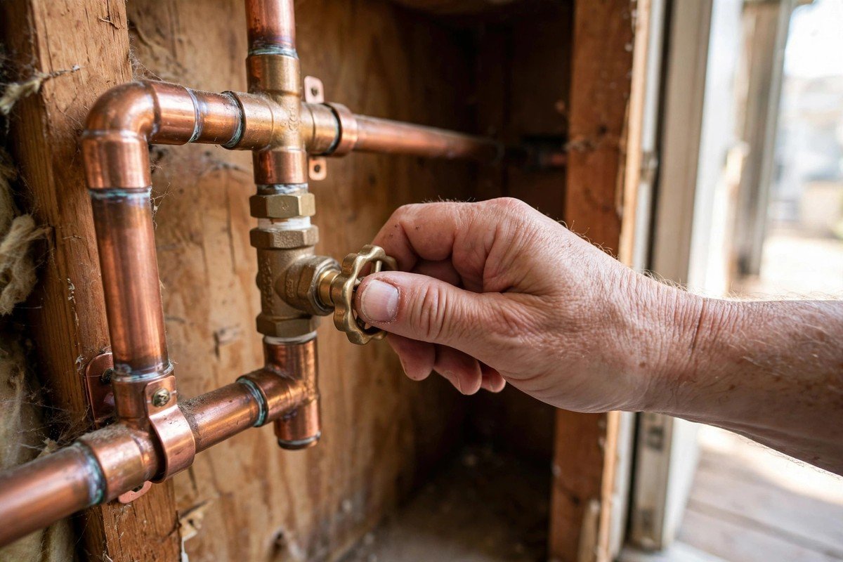 Hand turning a main water shutoff valve before leaving a vacation home empty