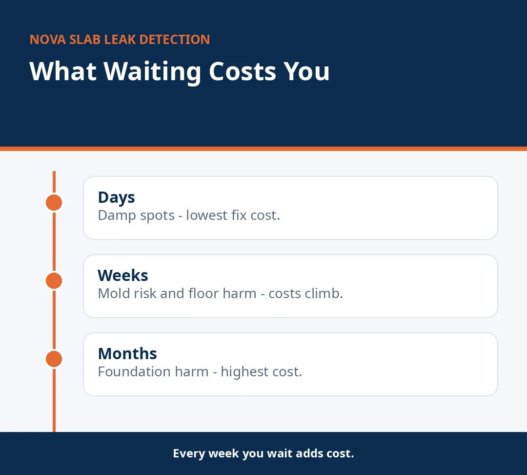 Timeline infographic showing what waiting on a slab leak costs over days, weeks and months