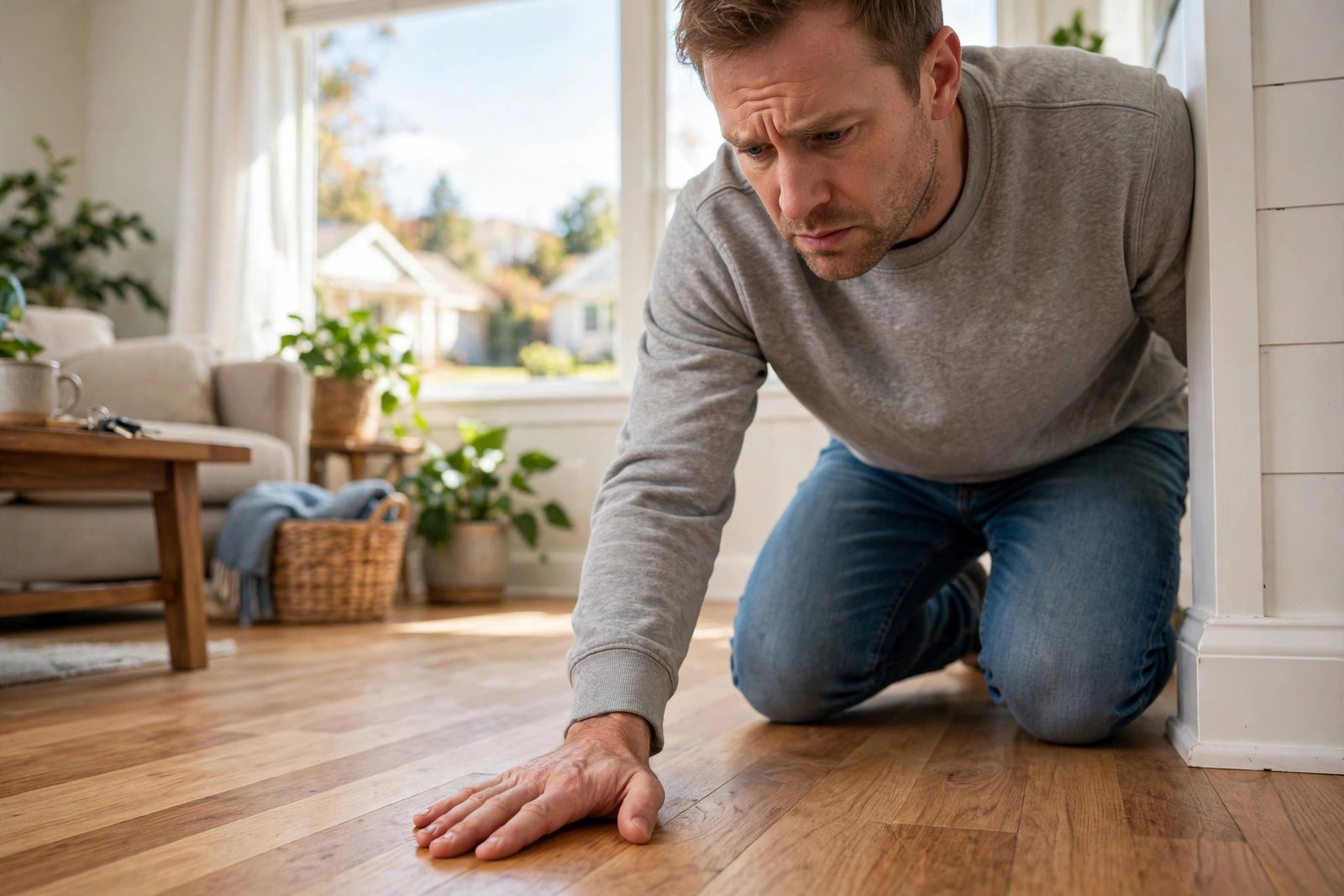 Homeowner feeling a warm spot on the floor, a common slab leak warning sign
