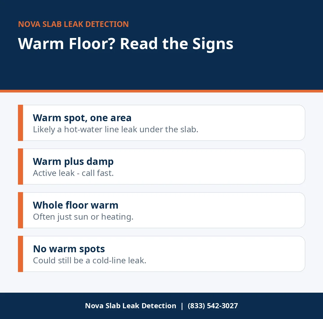 Infographic for reading warm floor spots as a hot water line slab leak