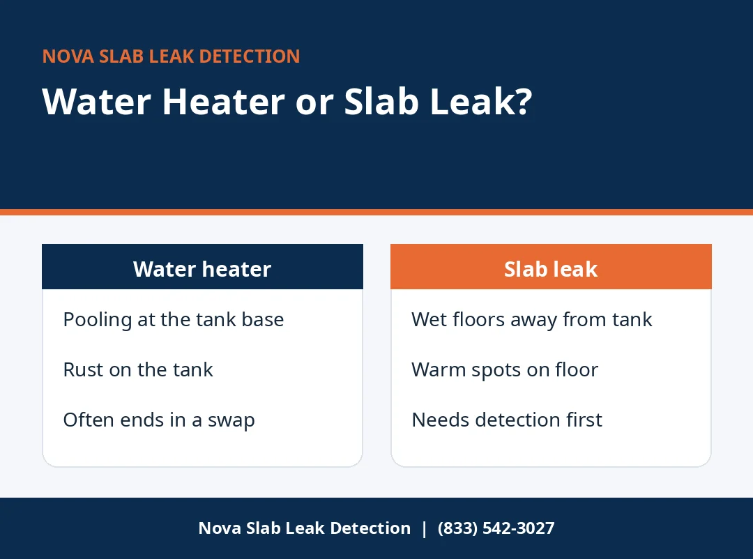 Chart comparing water heater leak signs with slab leak signs