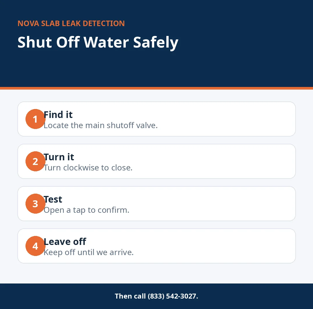 Infographic showing four steps to shut off your water safely during a slab leak