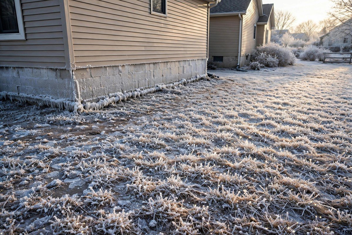 Frost-covered ground along a home foundation during a winter freeze slab leak risk