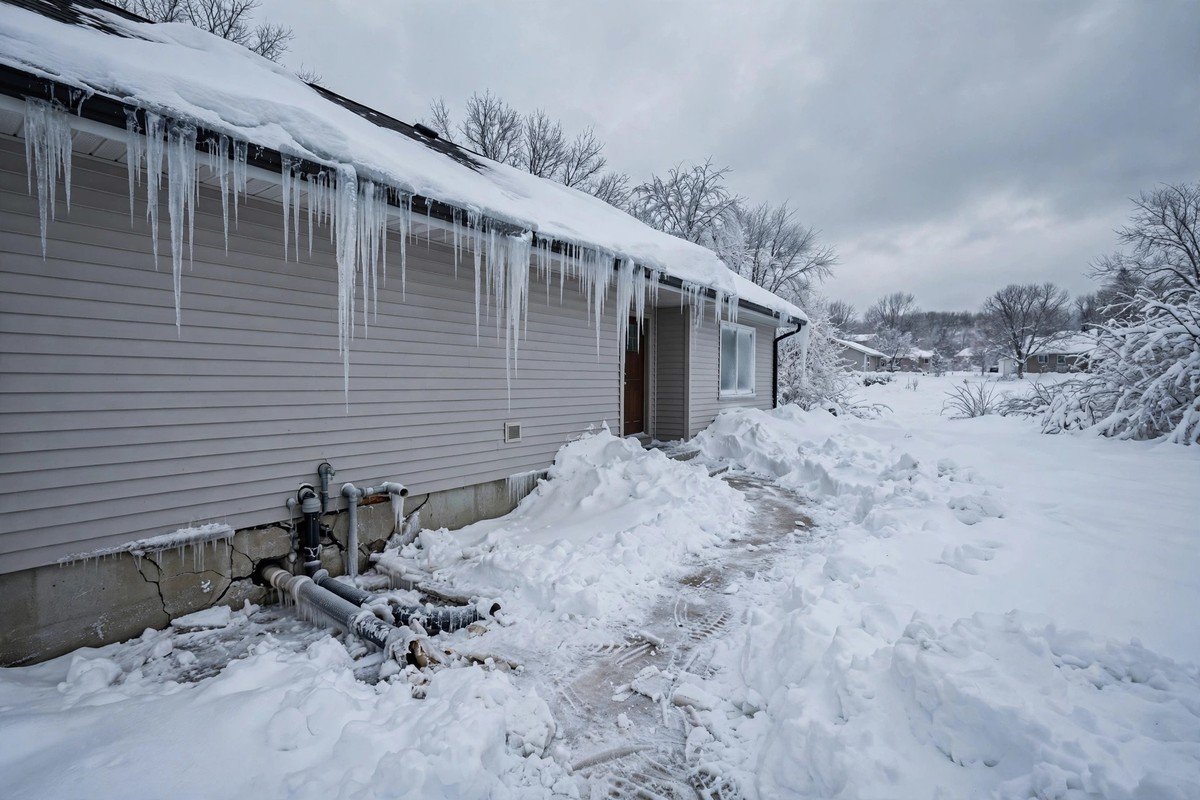 Snow piled against a northern home where freeze-thaw cycles stress slab pipes