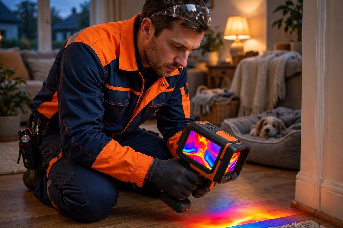 Our technician using a heat scan to find a winter freeze slab leak