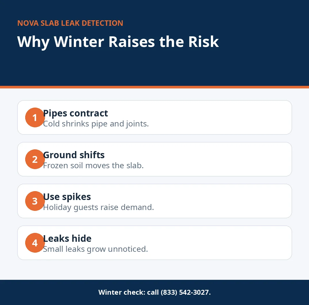 Infographic showing four reasons winter raises slab leak risk
